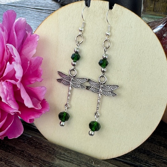 Green and Silver Dragonfly Dangle Earrings - Picture 2 of 2